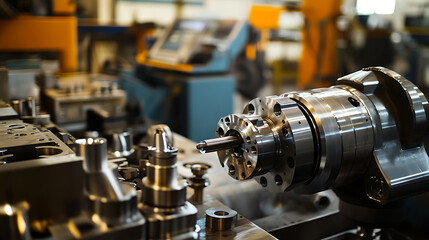 A mechanical arm in a state of the art precision machining workshop, surrounded by CNC machines, metal parts