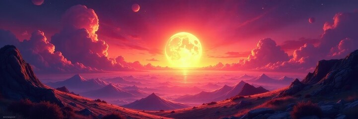 Fiery anime sunset over fantastical landscape; galactic backdrop , purple, magical, blue