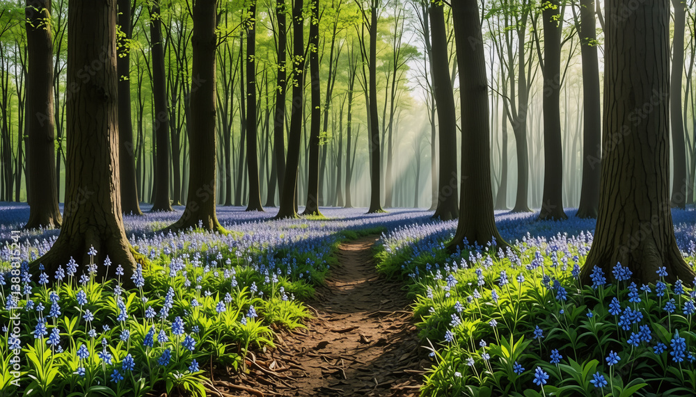 Poster a tranquil forest scene with a path leading through tall trees and a carpet of bluebells in bloom, b