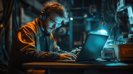 Man Wearing Headphones Typing on Laptop in Industrial Style Workshop