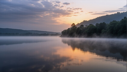 Fototapeta premium A misty lake reflects the cloudy sky at either dawn or dusk, with silhouetted trees lining the shore and distant hills in the background under a soft, glowing light.