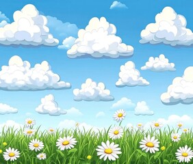 Obraz premium A cartoon illustration depicting clouds flowers and grassy meadows