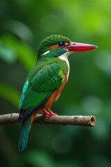 Obraz premium Vibrant green kingfisher, perched, rainforest foliage, green, rainforest