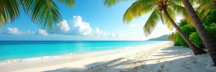 Serene beach, swaying palms, sun-drenched sand , image, photography