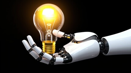 Innovative technology event robotic hand holding light bulb studio setting concept of ai and illumination