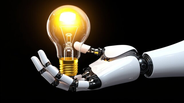 Innovative technology event robotic hand holding light bulb studio setting concept of ai and illumination