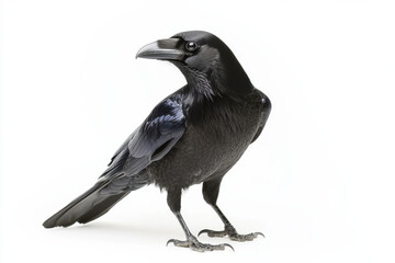 A black carrion crow on a white background