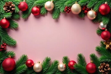 Festive red, green, white ornaments & pine branches border , pine cones, yuletide