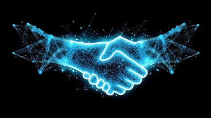 Digital handshake symbolizing partnership technology graphic design black background abstract concept