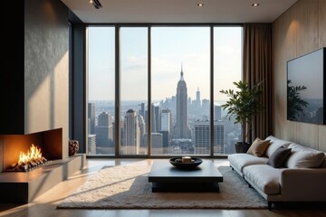 Floor-to-ceiling windows frame city view; minimalist fireplace anchors luxe living space, lighting, city view