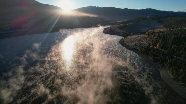 Lake Dillon Colorado Foggy Sunrise Timelapse Flying Left
