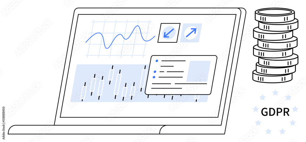 Poster laptop screen displays data visualization, charts, and security settings near gdpr stack of coins. i