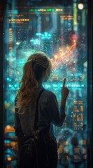 Woman Interacting with Futuristic Cityscape Interface Digital Hologram Display Cyberpunk Style
