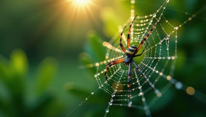 Intricate spiderweb details, dew drops glistening , spider silk, spider, glistening dew