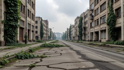 Overgrown Abandoned Street With Cracked Pavement And Gloomy Atmosphere