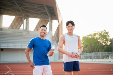 Two smiling asian athlete men are holding their water bottle and standing together on the racetrack.