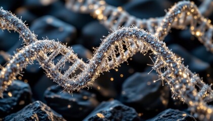 Silver DNA Helix With Sparkling Particles Against Dark Background