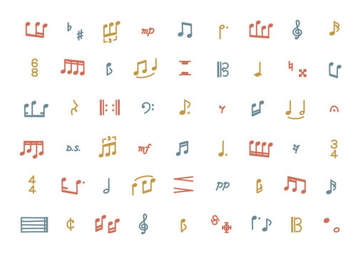 music-線の編集が可能なベクターデータ。漫画にも使える、手描きのいろいろな音符記号のカラフルなアイコンセットnoteSP_icon_4c
