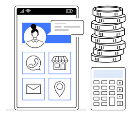 Mobile app screen with user avatar, chat bubble, call, shop, email, and map icons next to coins and calculator. Ideal for finance, communication, ecommerce budgeting technology apps and service