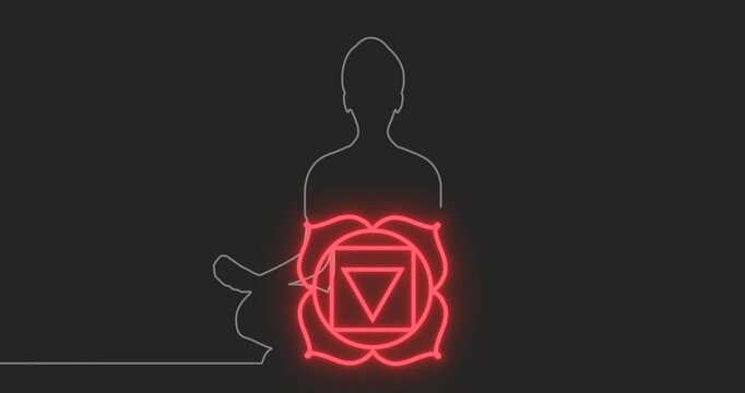 Young girl with sitting in yoga lotus pose. Root chakra point with definition. Happy relaxed female character performing meditation exercise. Sport and health. Fashion girl outline silhouette.