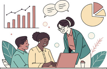 Business illustration concept. Research analysis, insight information, marketing chart diagram, optimization or analyzing data, intelligence discovery, statistics or examine concept, business people.