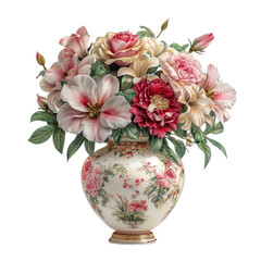 Elegant floral bouquet in porcelain vase isolated on transparent background