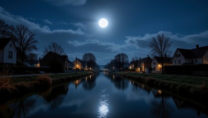 Fototapeta premium Tranquil Village Canal at Night Under a Full Moon