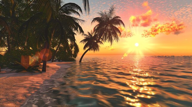 Amazing vivid sunset over calm sea with palm trees on sandy beach.