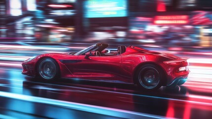 High-Speed Red Sports Car in Neon City By Generated AI