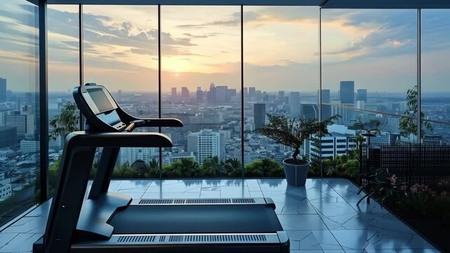 Minimalist gym interior showcasing a treadmill with a panoramic city view backdrop. The room is brightly lit, creating a motivating atmosphere for workouts in a modern setting.