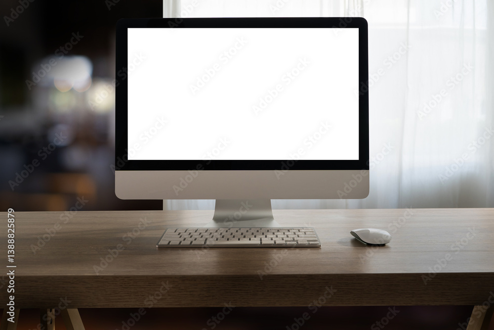 Poster blank screen on table. workspace background new project on laptop computer with blank copy space scr