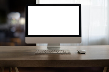 blank screen on table. Workspace background new project on laptop computer with blank copy space screen for your advertising text message