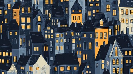 Cozy Urban Evening: Whimsical Houses with Warm, Glowing Windows in the Night