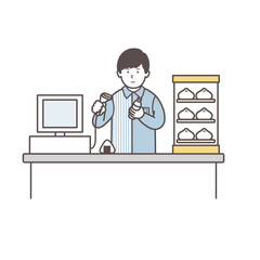 レジで働く男性コンビニ店員のイラスト
