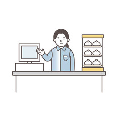 レジで働く女性コンビニ店員のイラスト