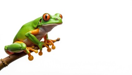 Obraz premium Green tree frog perched on white, vibrant colors, amphibian, ranidae
