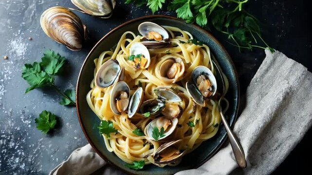 Top-down view of a rustic seafood pasta dish with clams and parsley on a dark textured surface, styled for a cooking video presentation.