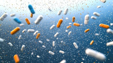 Dynamic pharmaceutical capsules floating in blue background abstract visual representation digital art modern concept