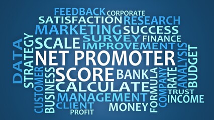 Net Promoter Score tags cloud. Business strategy. Formula promotion marketing scoring. Measures customer experience and predicts business growth