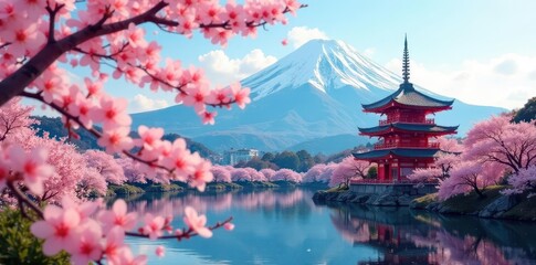 Fujiyama, Chureito Pagoda, cherry blossoms in full bloom, peaceful, panoramic