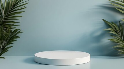 Empty white podium with tropical leaves, product display, light blue background