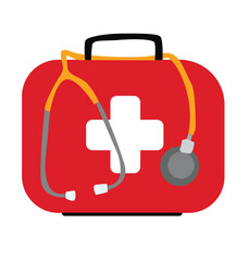 Fototapeta premium First aid box.Red object with a cross on it, medical equipment,Medical box and stethoscope