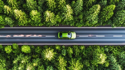 Driving through lush green forests aerial view of a car on a highway nature environment scenic journey