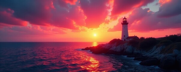Solitary lighthouse silhouetted against vibrant sunset, calm ocean , peaceful, sky