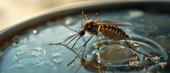 A close-up of a mosquito perched on water, showcasing its intricate details and the surrounding bubbles.