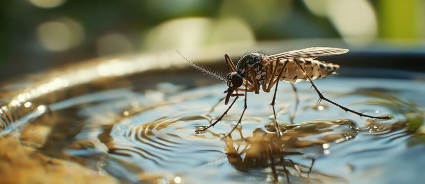 A close-up of a mosquito drinking water, creating ripples on the surface. Soft bokeh background emphasizes the insect's details. - Powered by Adobe