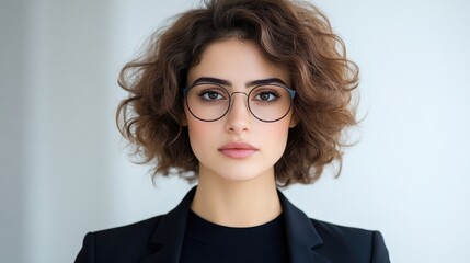 Obraz premium A professional businesswoman with glasses looking directly at the camera, short curly hair, wearing a black blazer, neutral background, and confident expression.