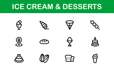 Modern Ice Cream and Desserts Icon Set Vector Illustration. Featuring Essential Symbols for Sweet Treats, Cakes, and Frozen Desserts