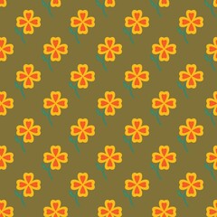 Repeating pattern of stylized yellow flowers with red centers resembling four-leaf clovers on an olive green background.