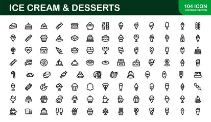 Modern Ice Cream and Desserts Icon Set Vector Illustration. Featuring Essential Symbols for Sweet Treats, Cakes, and Frozen Desserts